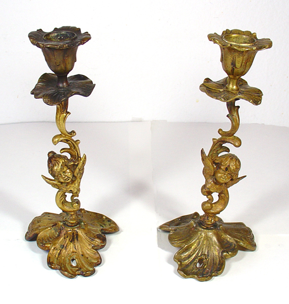 Cherubs Angels Cupid Candlesticks Gilt Brass Pair Vintage Antique 