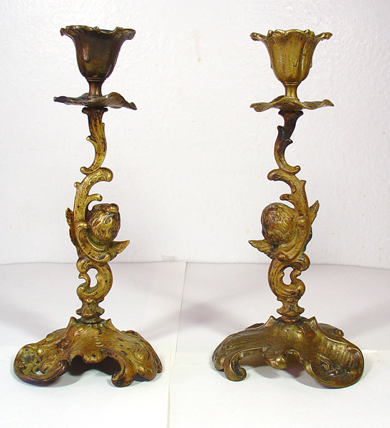 Cherubs Angels Cupid Candlesticks Gilt Brass Pair Vintage Antique Geschutzt 8" H